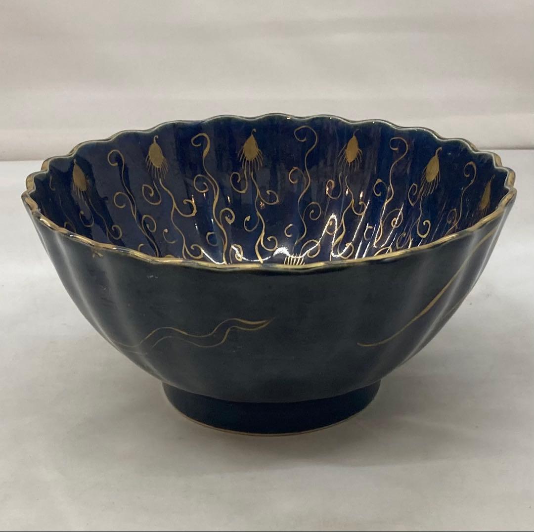 B261s 瑠璃手「鳳凰に龍」鉢　金彩絵付　十錦手　菓子鉢　骨董　茶道具