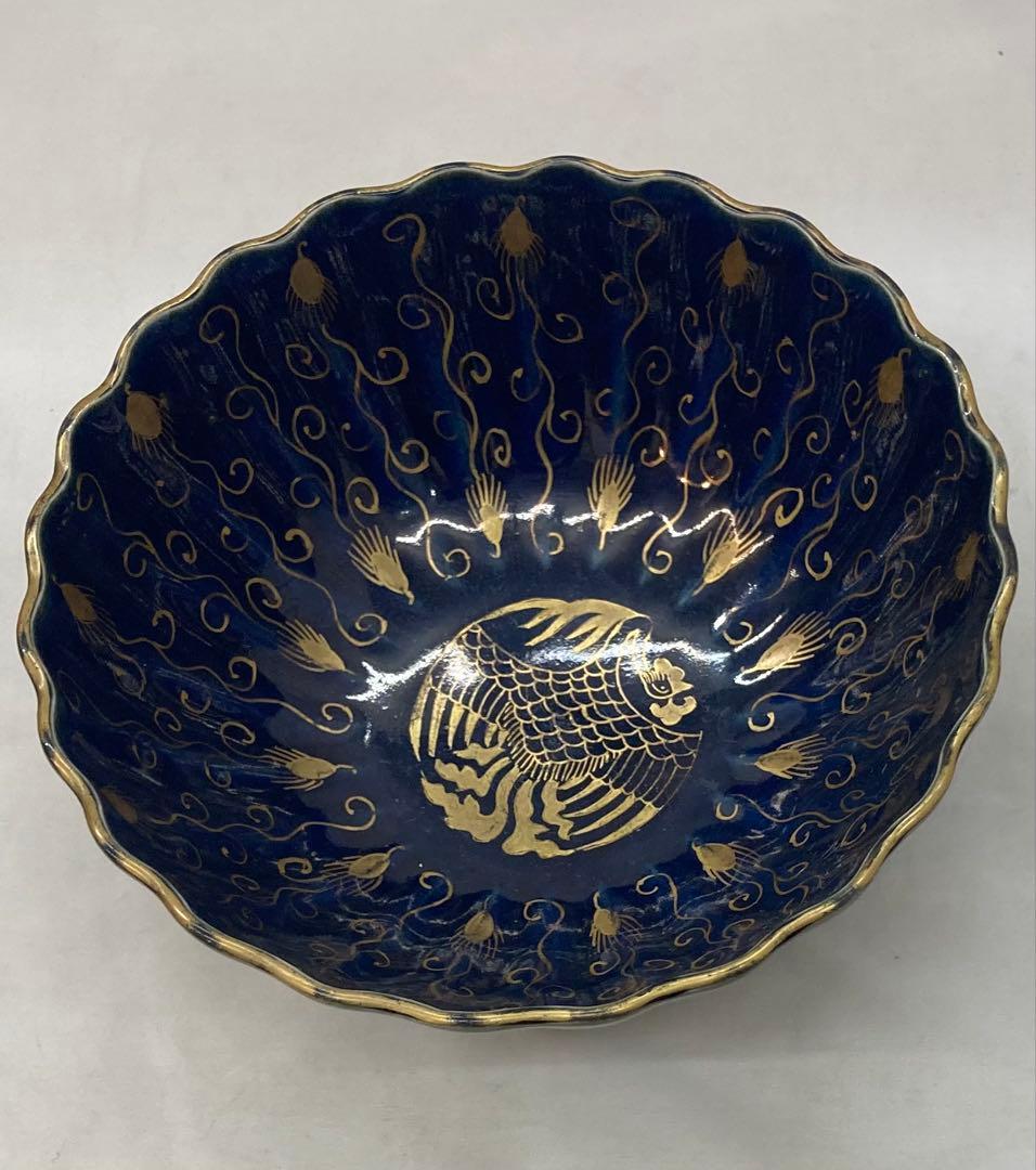 B261s 瑠璃手「鳳凰に龍」鉢　金彩絵付　十錦手　菓子鉢　骨董　茶道具