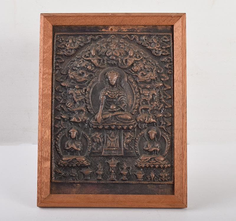 仏教美術　古銅　掛け仏　銅板レリーフ　額装　V　R4916