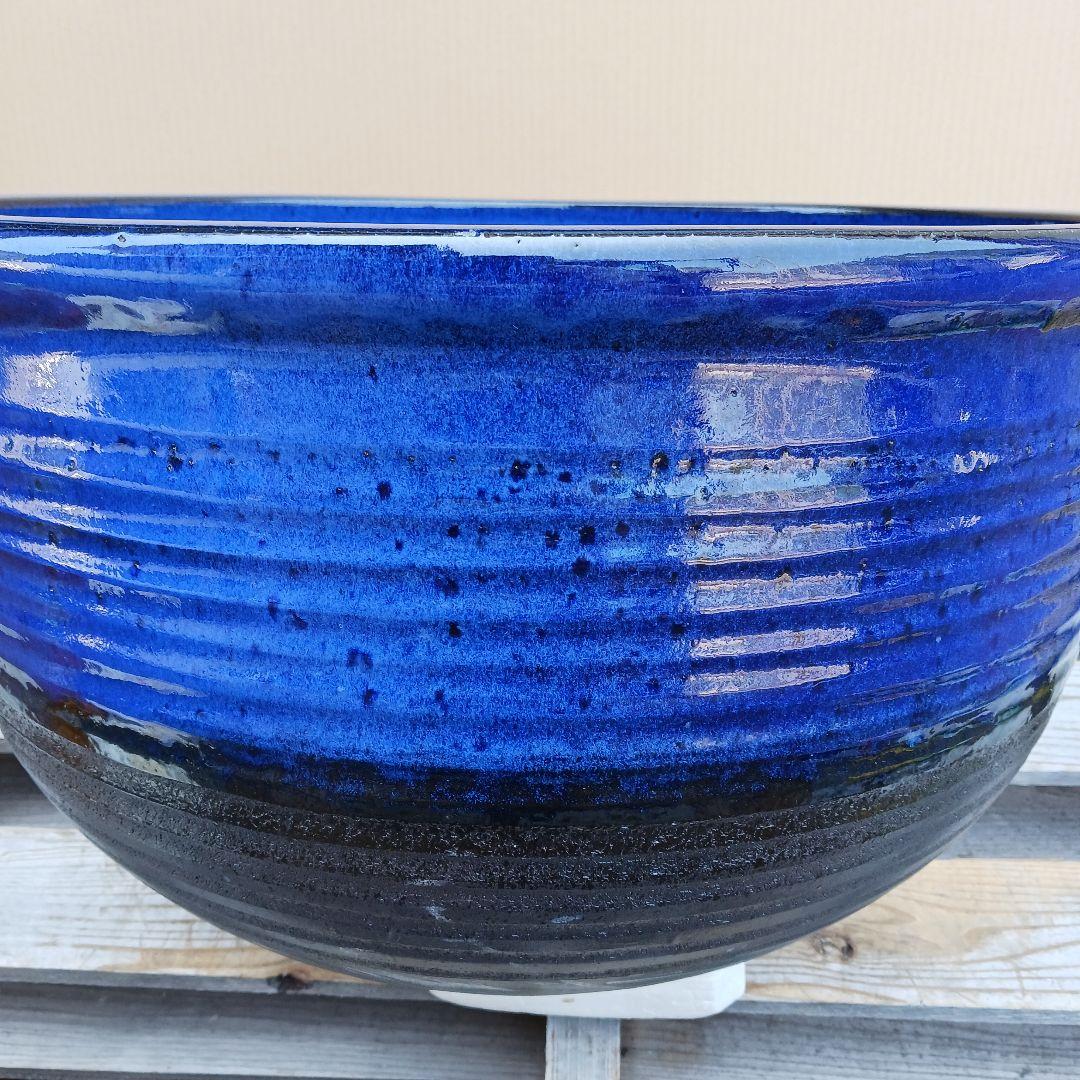 新品　∅51　特大　陶器　睡蓮鉢　手造り　メダカ鉢　難有　ラピスブルー　青LDB