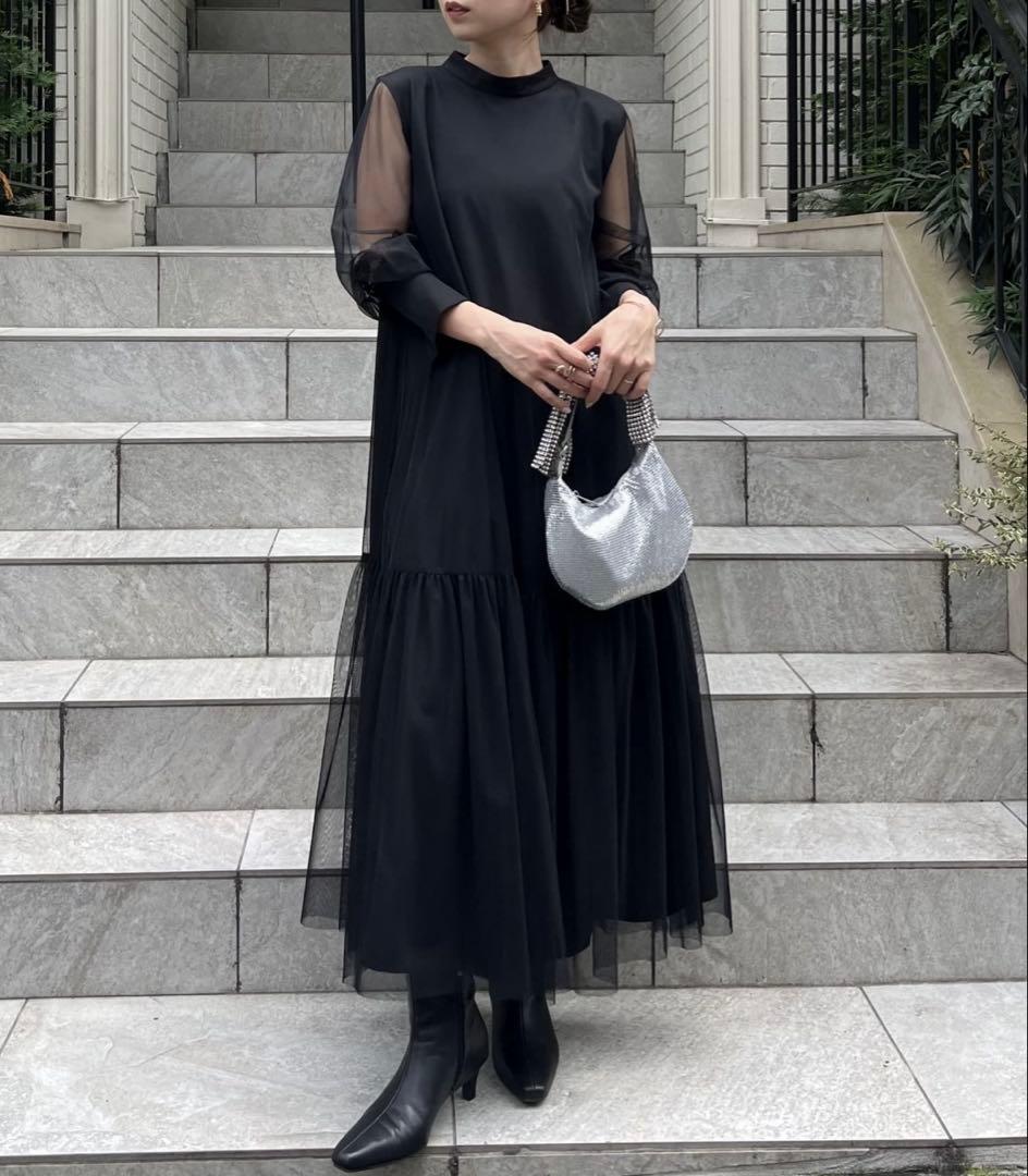 シースルー袖 ブラックロングドレス
