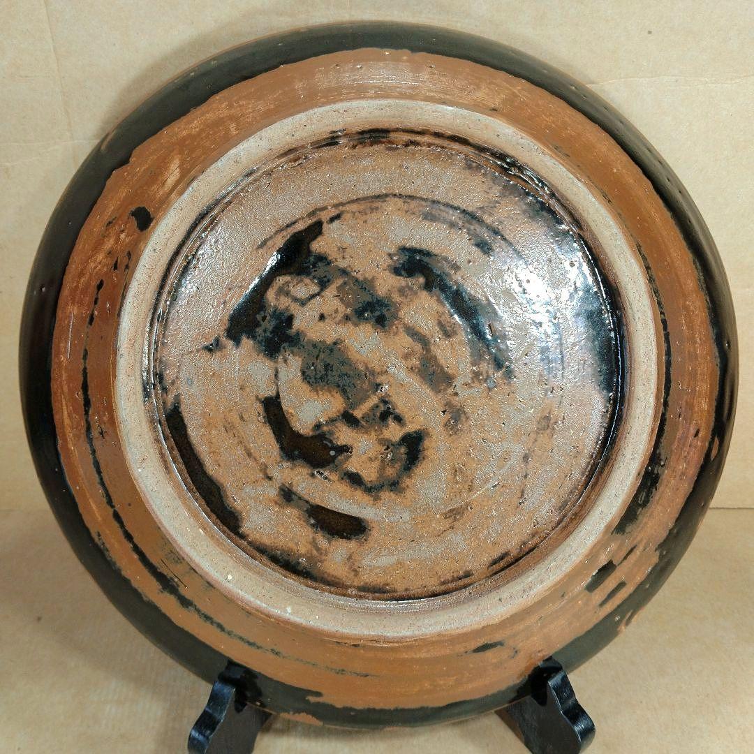極美品 濱田庄司 黒釉錆流描皿 共箱 毎日オークション出品【本物保証】人間国宝