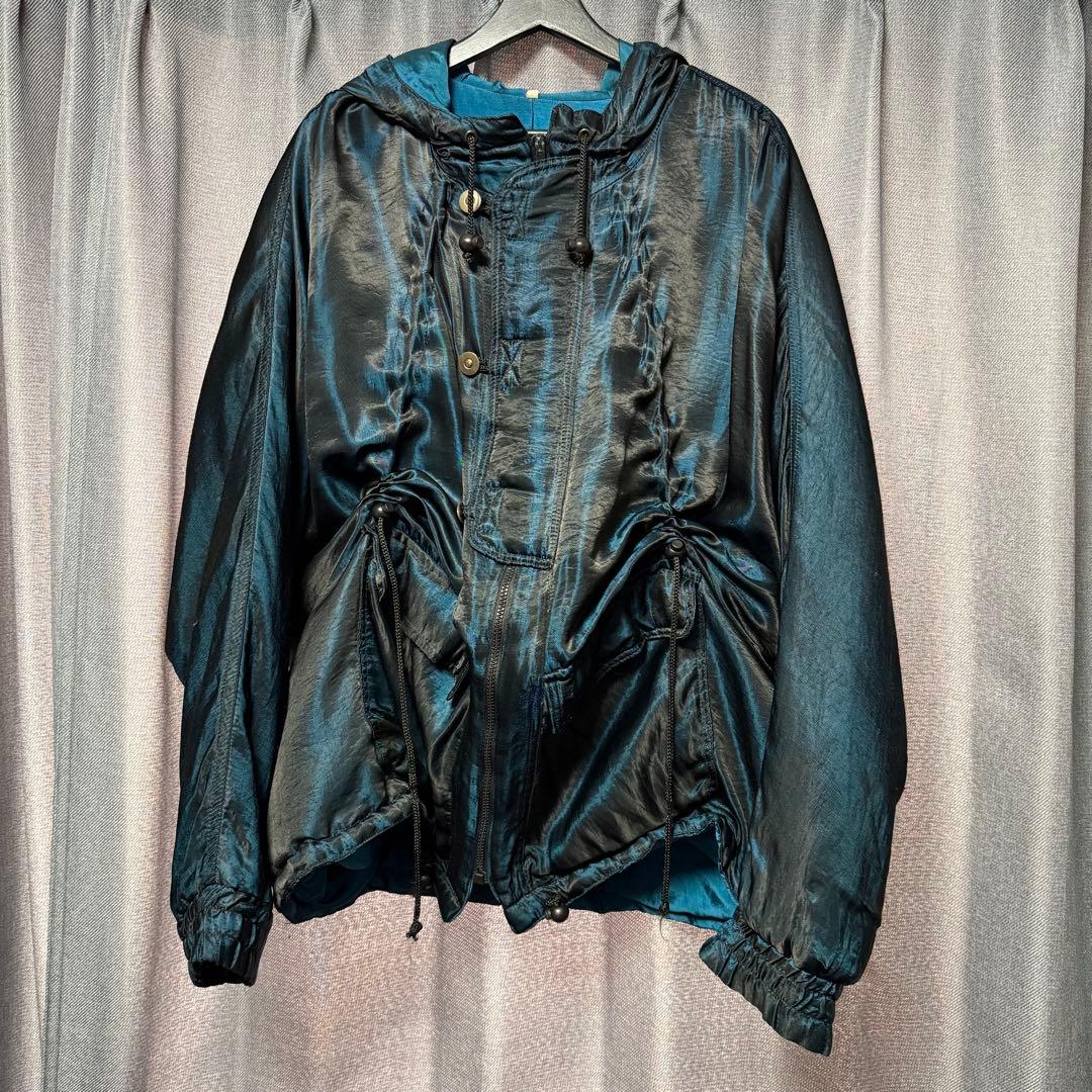 【美品】ユーロビンテージ タマムシ色 ギミック フード付きパデッドコート