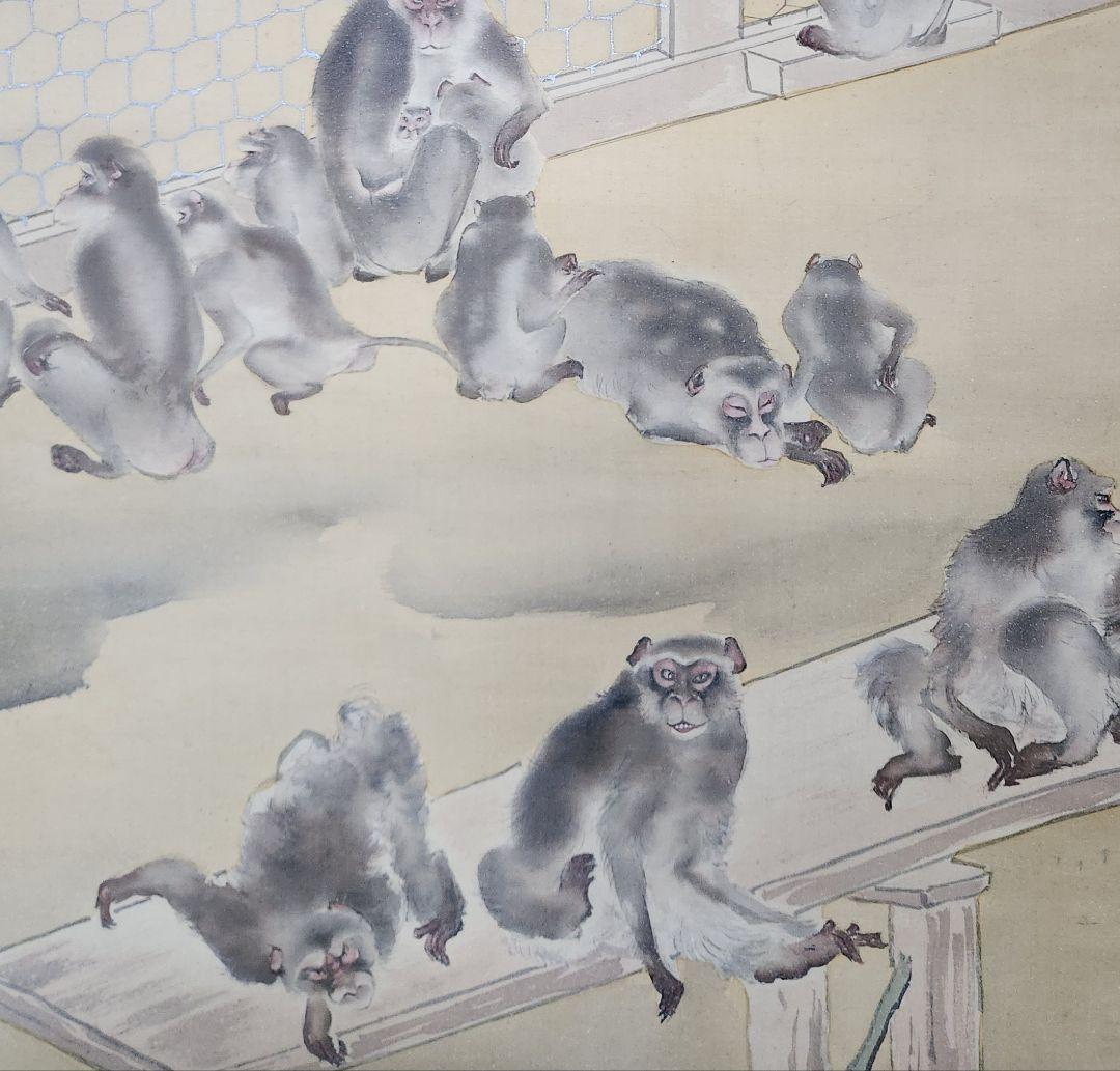 【群猿群兎図】谷口青興 2708 さるとうさぎ 動物園 掛け軸 肉筆
