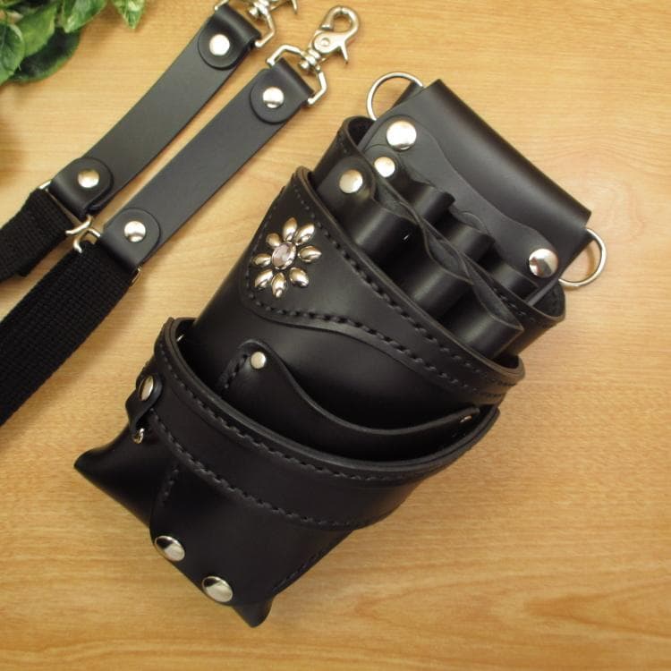 フラワースタッズ装飾　オールブラック　本革　６丁差し　SCA-235/CKA