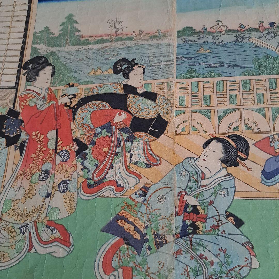 浮世絵版画　三代豊国　喜翁豊国　(優源氏郭遊覧)図　藍色版画　三枚続き　藍色極上