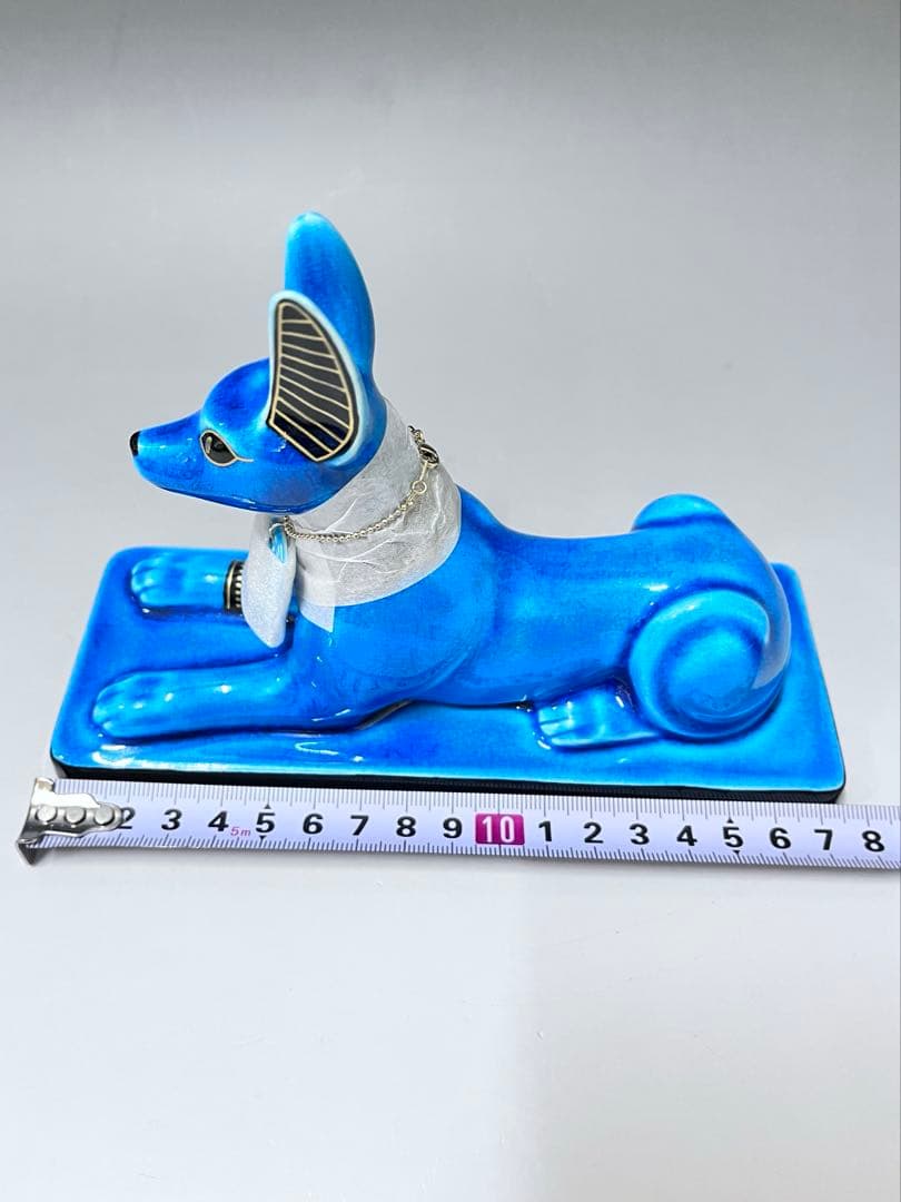 E329美濃焼　幸兵衛窯　青釉オーナメント　アヌビス　エジプト犬の神　アンク