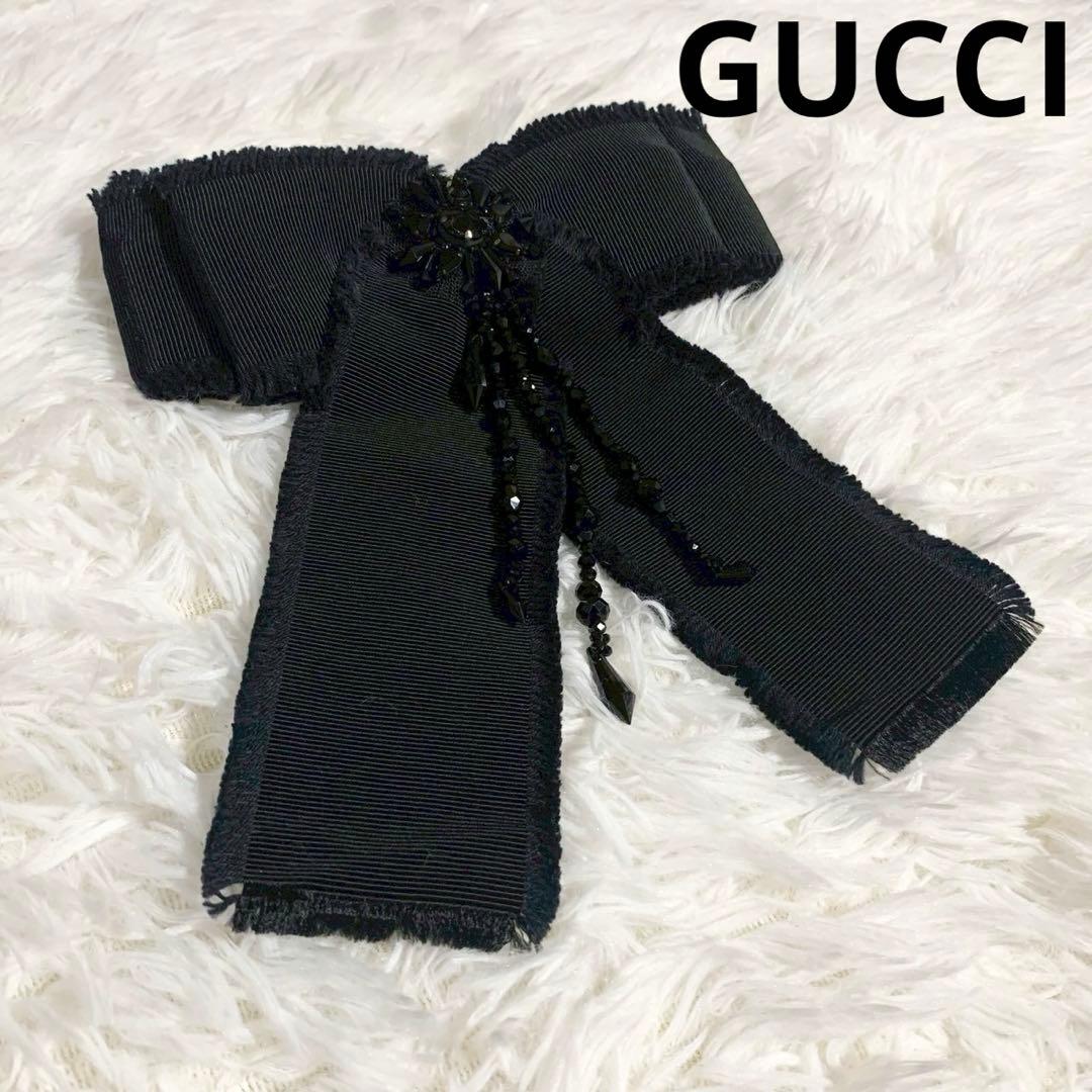 GUCCI　グッチ　グログラン　リボンブローチ　ビジュー　Beeロゴ　ブラック