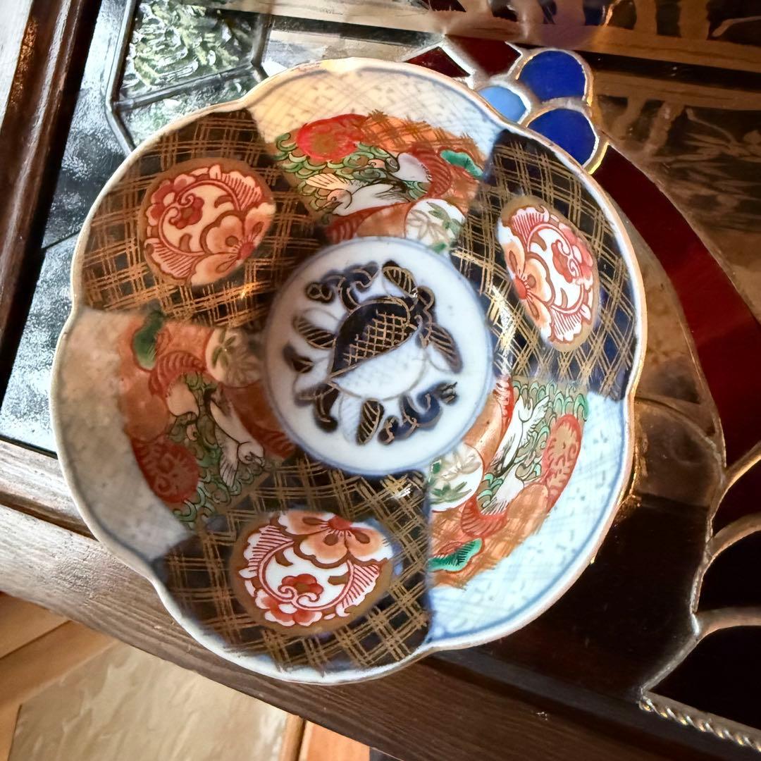超限定価格‼️伊万里錦手向付おひたしにはこれ‼️桃手に鶴と竹六弁花在銘向付5客