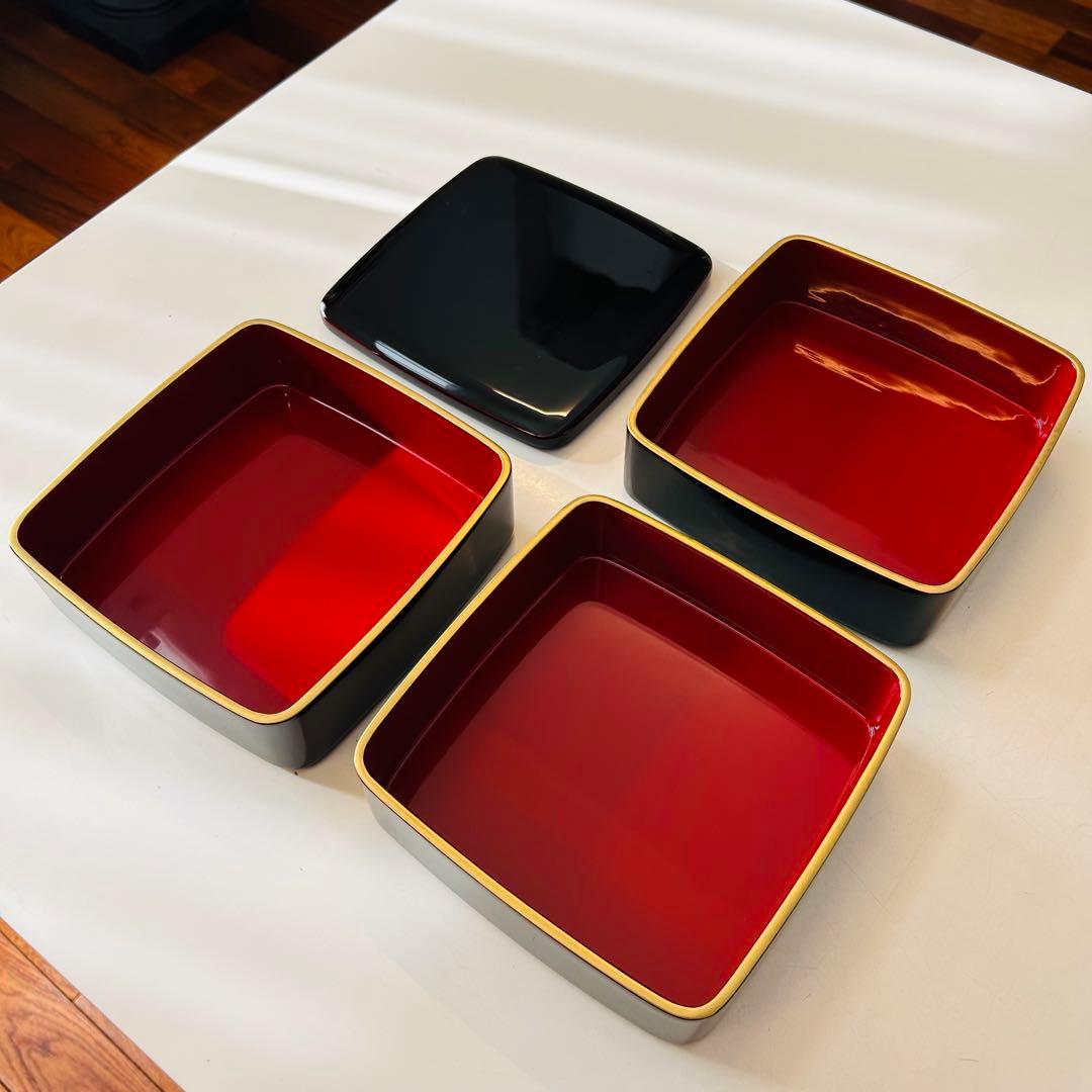 美品　高級　越前塗　3段重　木製　6寸 胴張　留内朱　渕金