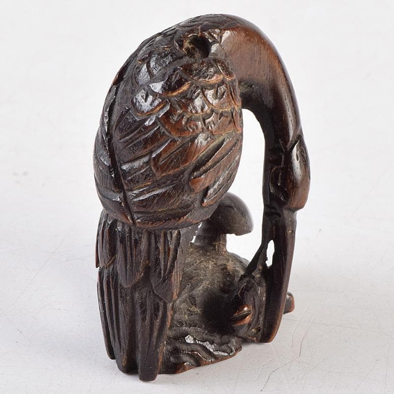 時代提げ物　唐木紫檀彫刻　鶴魚　置物　根付　C　R9308