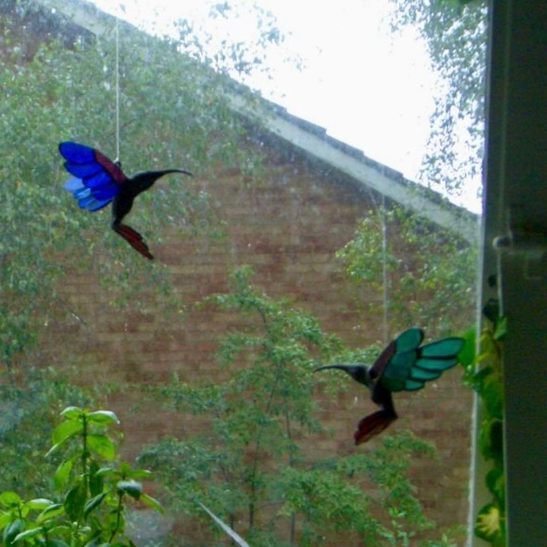 ヴィンテージ　ハチドリ　ハミングバード　アメリカ製　ステンドグラス　モビール　青