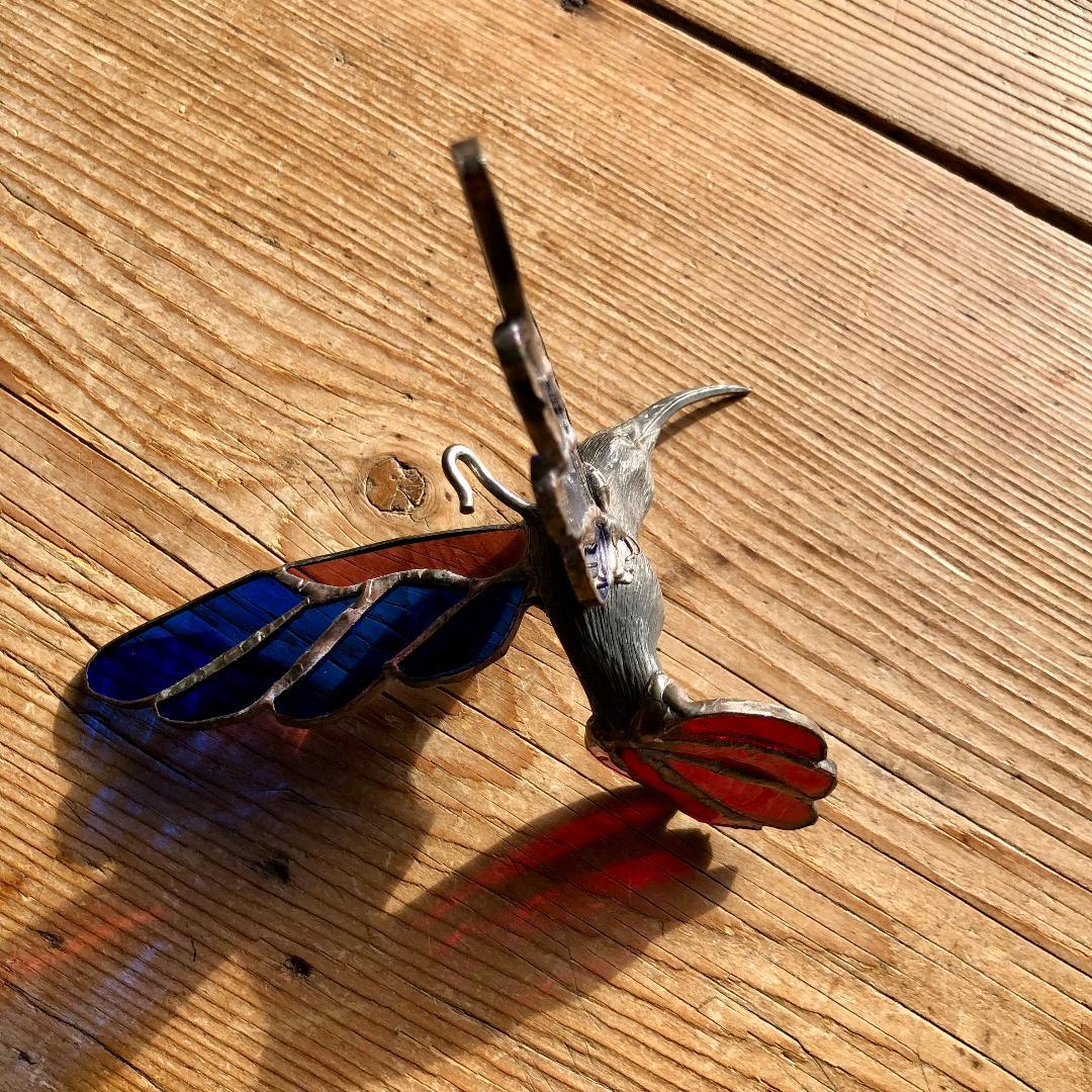 ヴィンテージ　ハチドリ　ハミングバード　アメリカ製　ステンドグラス　モビール　青