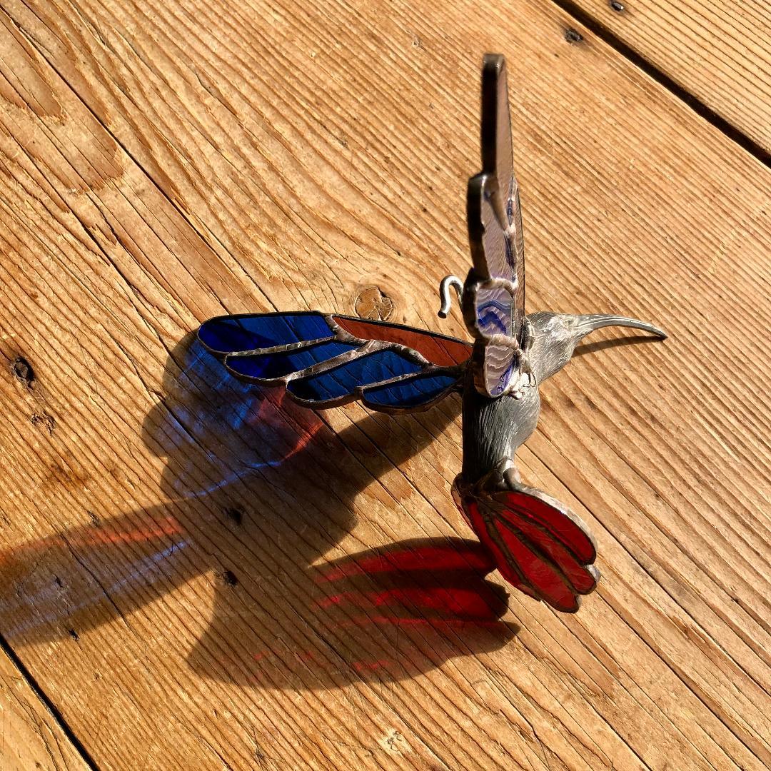 ヴィンテージ　ハチドリ　ハミングバード　アメリカ製　ステンドグラス　モビール　青