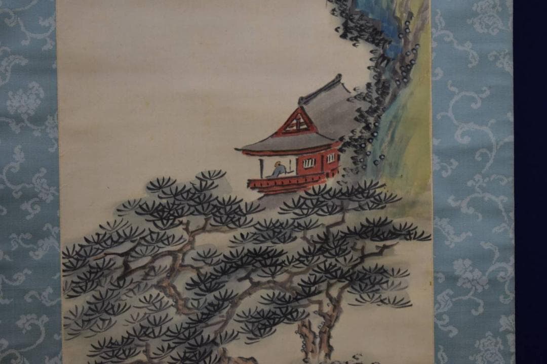 真作/田中柏陰/青緑山水画賛/絹表装/桐極箱二重箱付/布袋屋掛軸HE-244