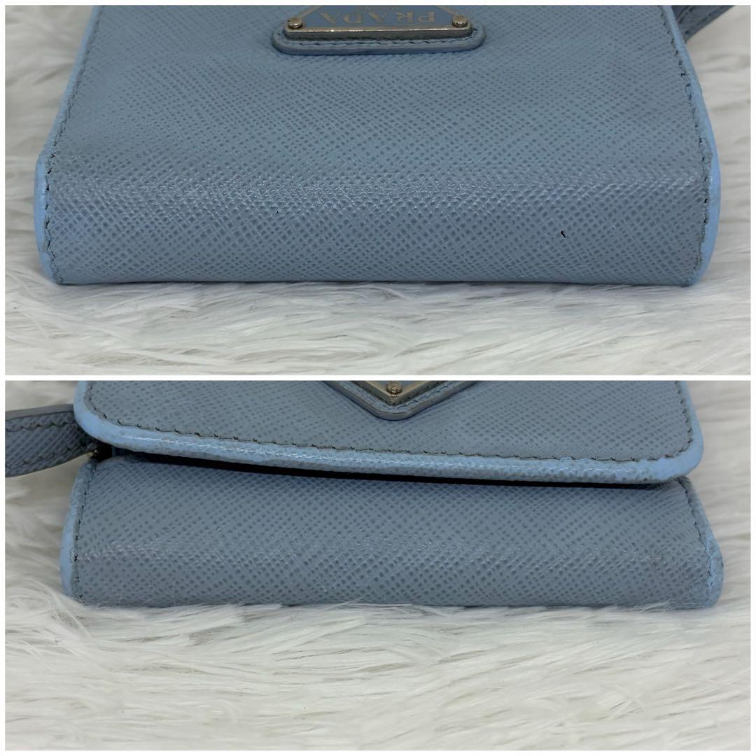 RFID搭載/美品✨プラダ 三つ折り財布 サフィアーノ 三角ロゴ レザー 水色