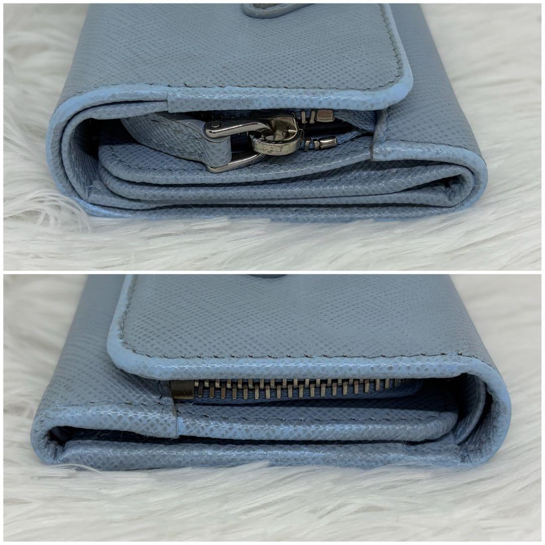 RFID搭載/美品✨プラダ 三つ折り財布 サフィアーノ 三角ロゴ レザー 水色