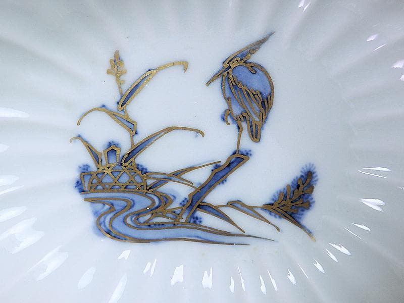 古伊万里　平戸　白磁　葦に鷺の図　輪花変形皿　５客　D950AS-BNx