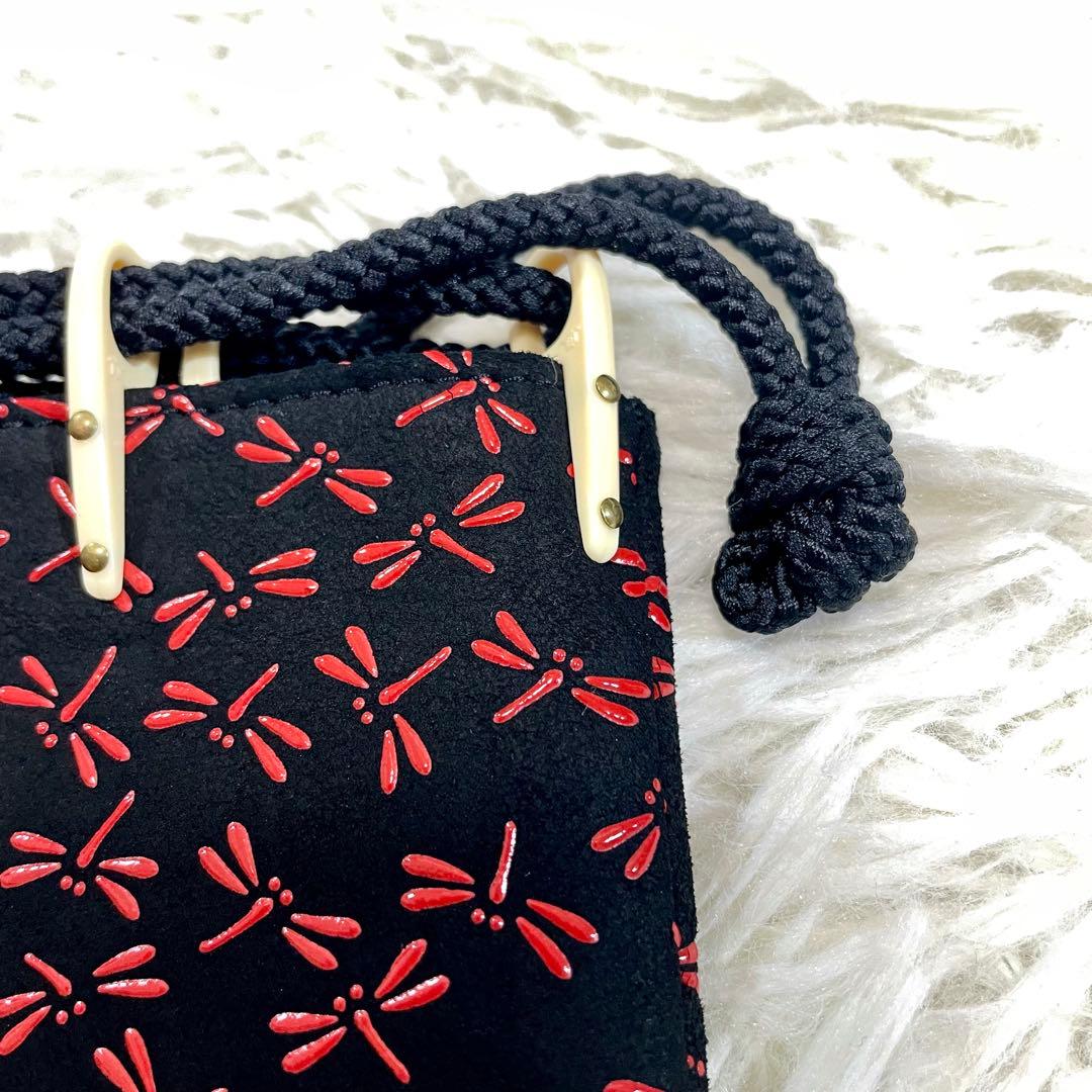 甲州印伝 印傳屋 合切袋 黒鹿革×赤漆 トンボ 巾着 袋 手提 革小物 上原勇七