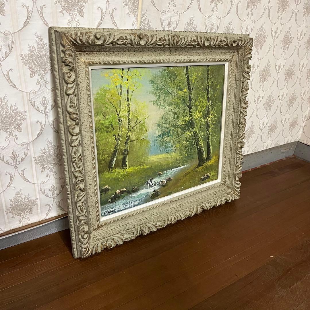 【アンティーク】額装 額縁 絵画 油彩画 風景画 小川 森林 銘有り オブジェ