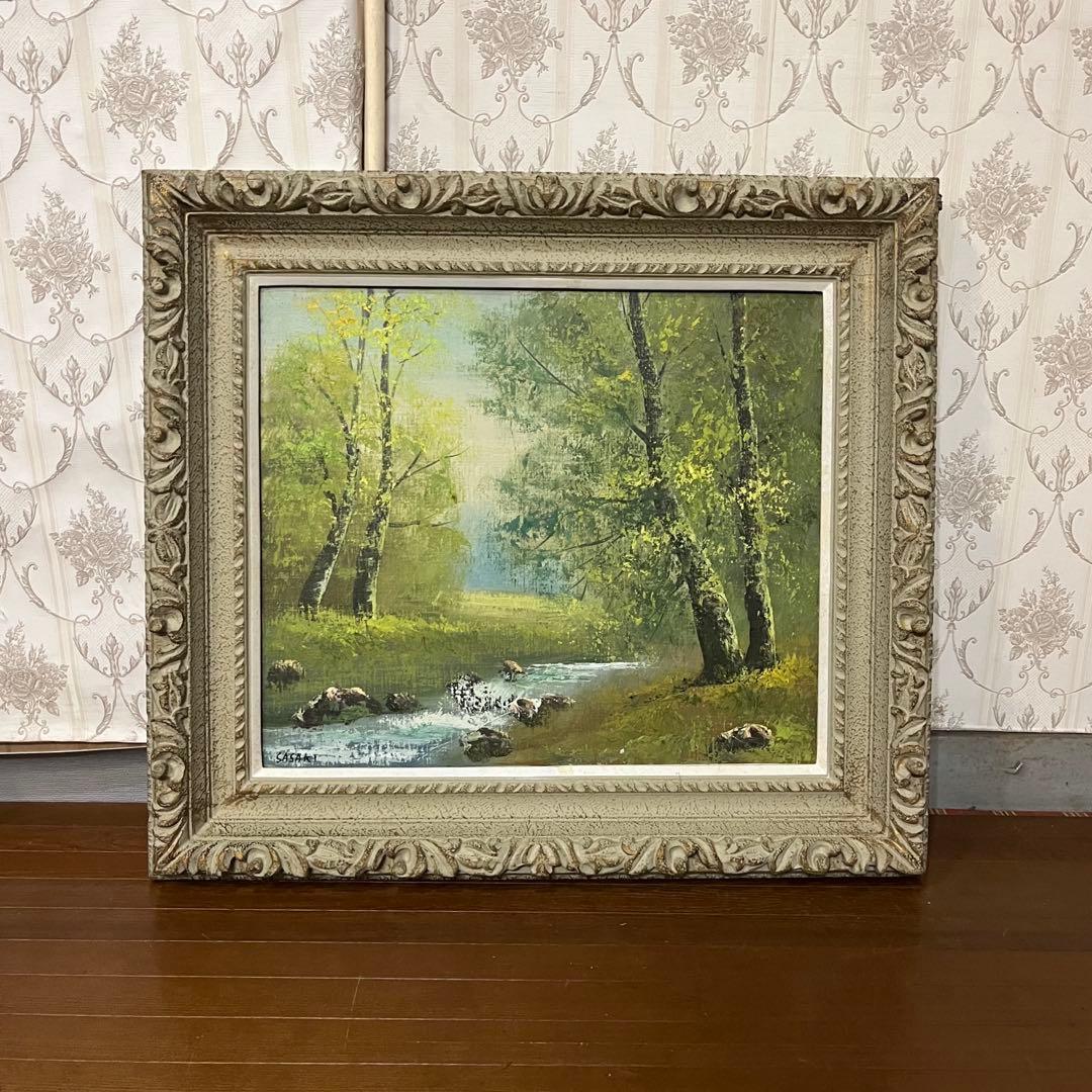 【アンティーク】額装 額縁 絵画 油彩画 風景画 小川 森林 銘有り オブジェ