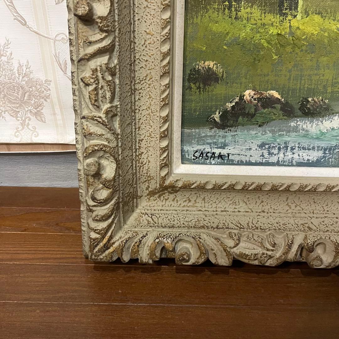 【アンティーク】額装 額縁 絵画 油彩画 風景画 小川 森林 銘有り オブジェ