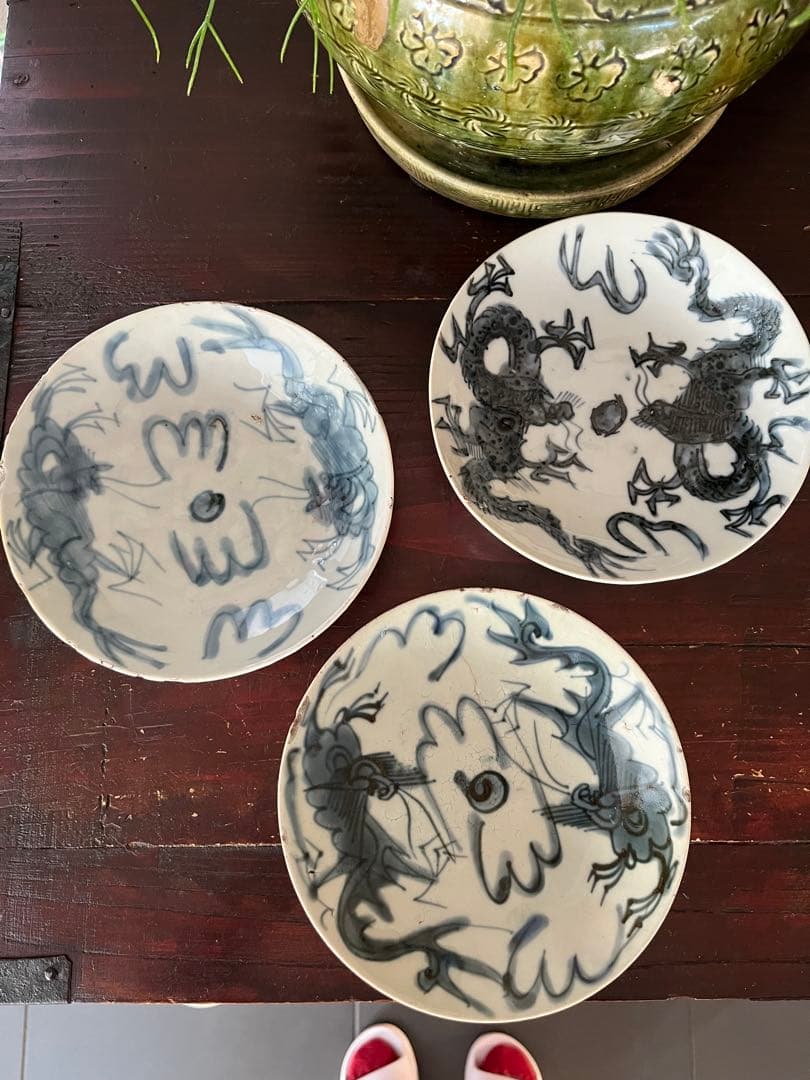 中国骨董　明代 青花 染付 龍紋皿 ショウ州 呉州染付 スワトウ 古染付 6寸皿