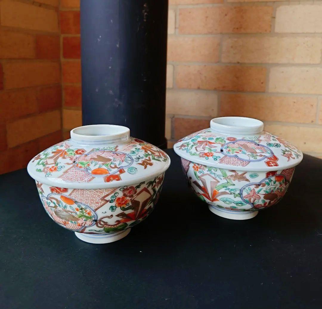 古伊万里　古九谷　江戸時代　鷺絵煮物碗　蓋碗　雑煮碗　染錦　錦彩　手描　色絵金彩