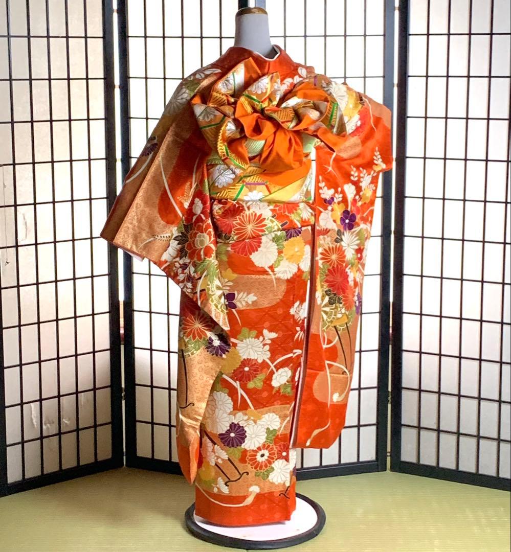 s*m様 【美品】振袖　正絹100% 5点　フルセット　身丈159cm 花車　橙