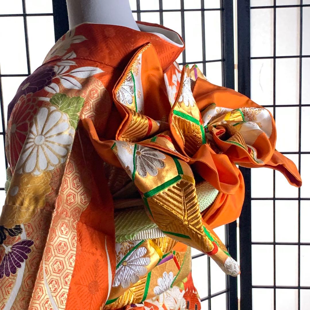 s*m様 【美品】振袖　正絹100% 5点　フルセット　身丈159cm 花車　橙