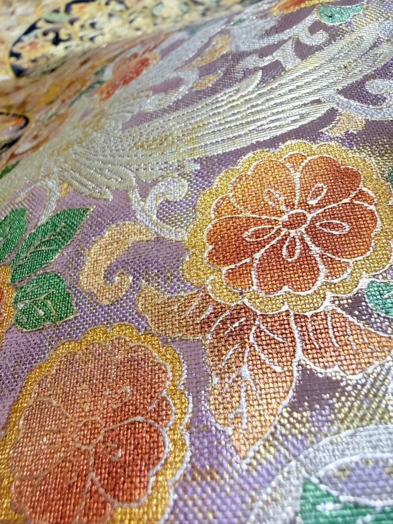 高級 袋帯 正絹 お太鼓柄 シルバー 金彩加工 花文様 ラメ 訪問着 付け下げ