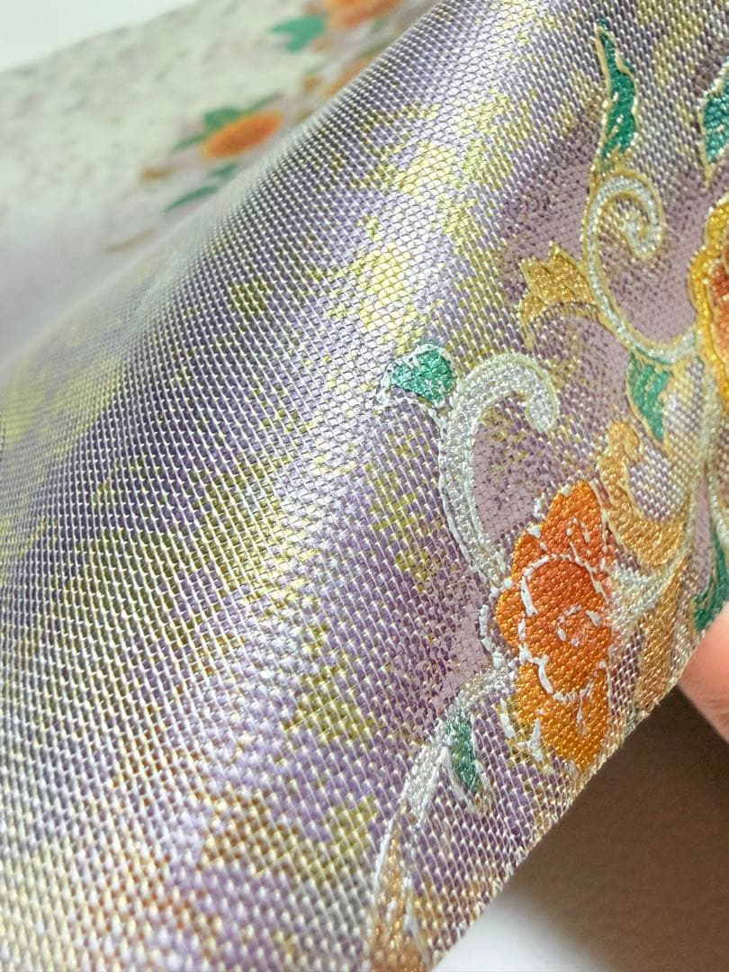 高級 袋帯 正絹 お太鼓柄 シルバー 金彩加工 花文様 ラメ 訪問着 付け下げ