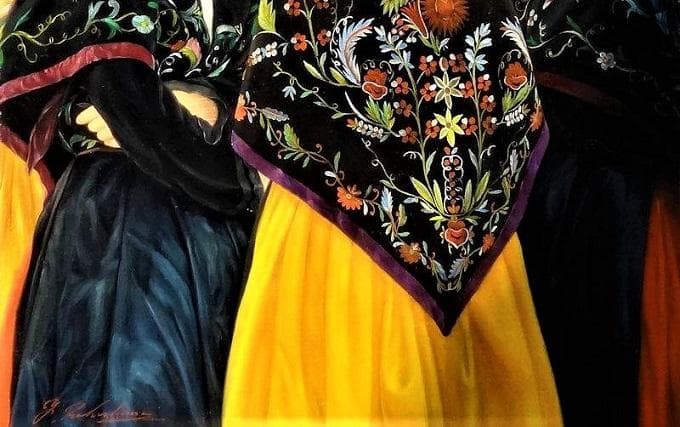 中島義行 タイトル 「カセレスの娘達」Ｆ10号沢山の娘たちを緻密に描写した力作