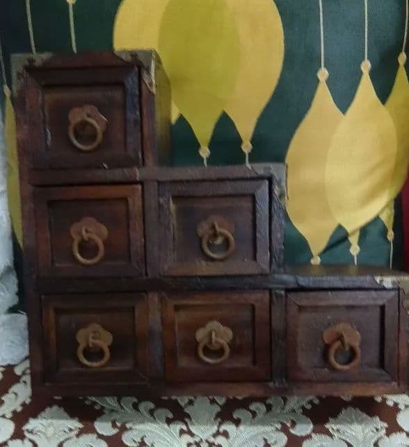 レア物✩昭和レトロ木製小型引き6段階段型 アンティーク小物入れ ヴィンテージ