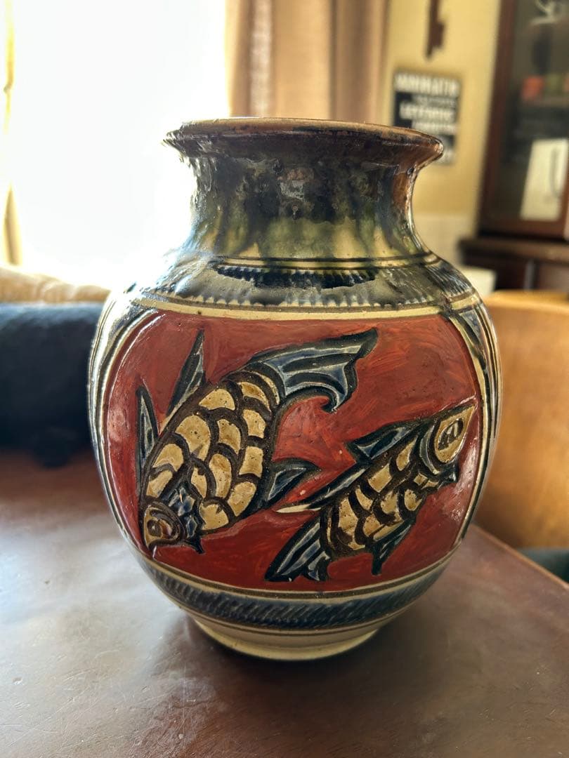 壺屋焼 小橋川清正氏 壺 赤絵 双魚 花瓶 ☆レア