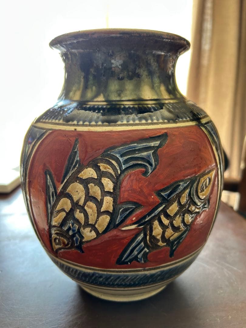 壺屋焼 小橋川清正氏 壺 赤絵 双魚 花瓶 ☆レア