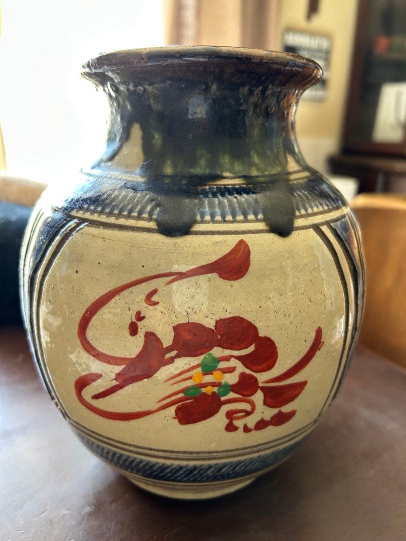 壺屋焼 小橋川清正氏 壺 赤絵 双魚 花瓶 ☆レア