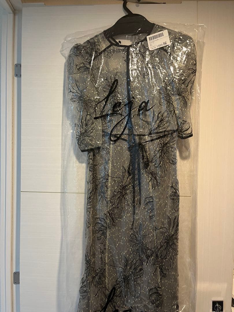 Leja半袖花柄刺繍レースフロントバックリボンパフスリーブマーメイドフレアドレス