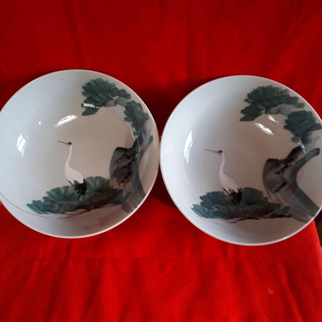 青磁レトロ大深鉢、松鶴図2客