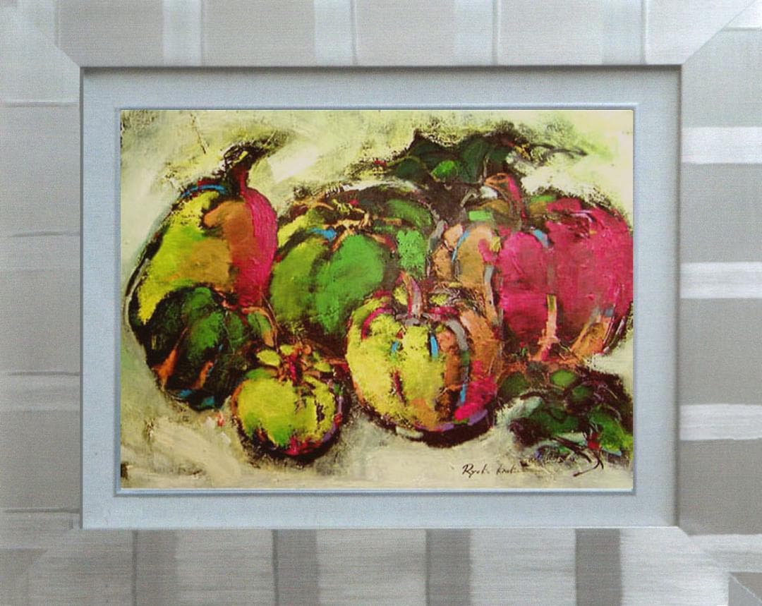 油絵 絵 絵画インテリア 額付(青緑＋金色の枠) uF6-061404 静物果物