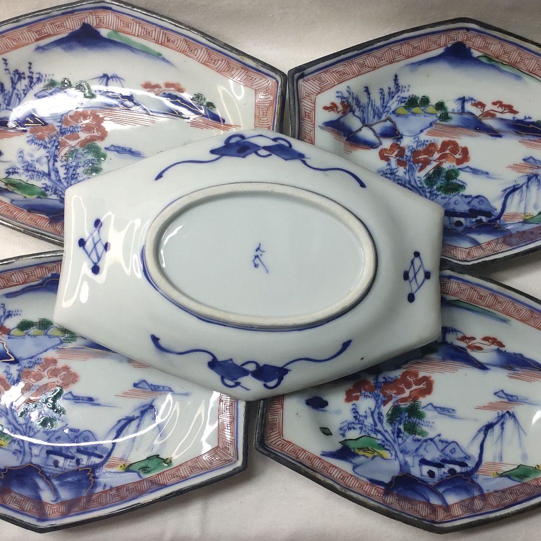 九谷焼六角皿 明治期 色絵 染付山水図 手描き陶芸品 旧家蔵出 アンティーク