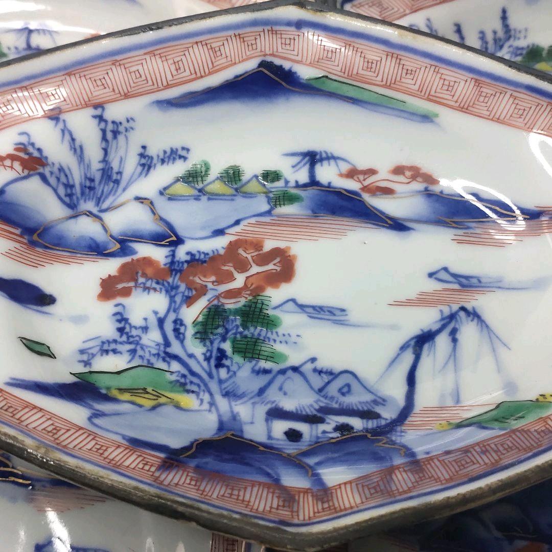 九谷焼六角皿 明治期 色絵 染付山水図 手描き陶芸品 旧家蔵出 アンティーク