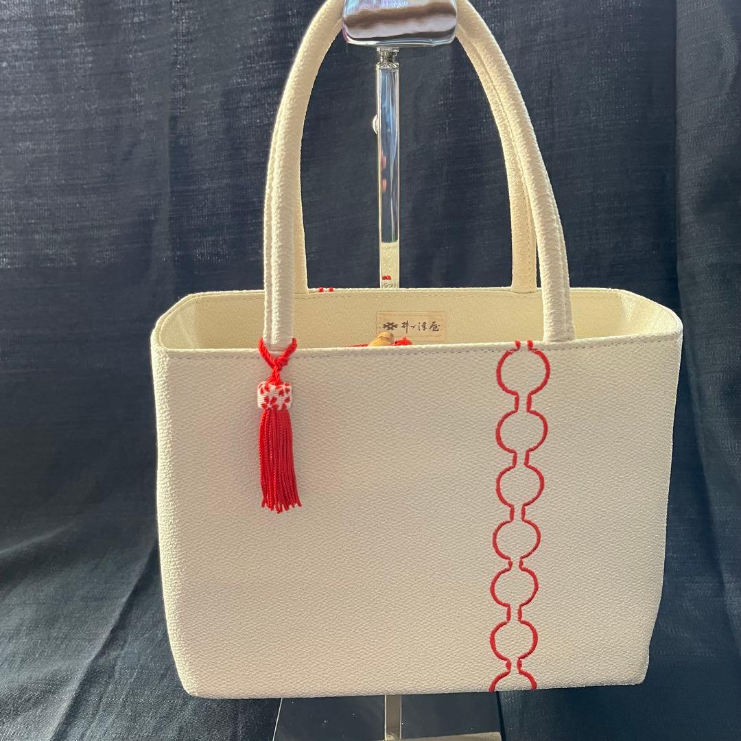 ちりめん　利休バッグ　紅白　ハンドバッグ　桜チャーム　和装　お茶席　入学式