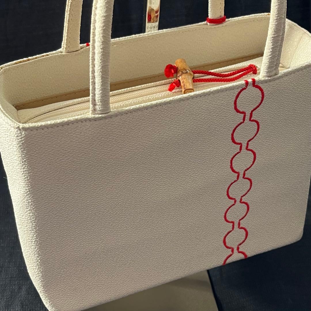 ちりめん　利休バッグ　紅白　ハンドバッグ　桜チャーム　和装　お茶席　入学式