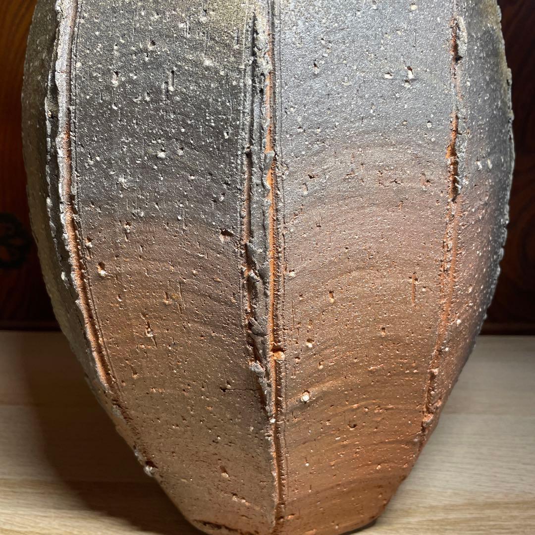 特大優品　人気陶芸家　神山清子　信楽自然釉面取花入　共箱