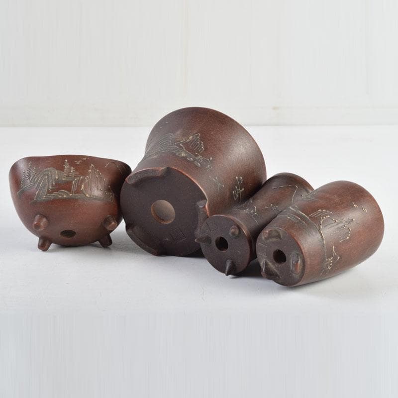 中国　鎧画軒　朱泥　漢詩山水文　鉢　4点まとめて　V　8948