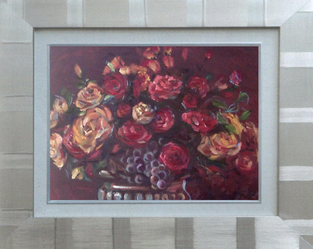 油絵 菅家令子 絵画インテリア額付(青緑＋金色の枠) uF6-113802 ばら