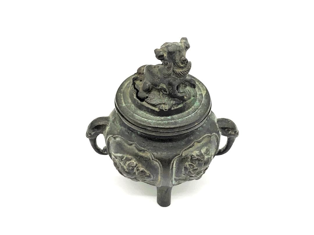 【 唐銅携行香炉 】　獅子蓋双耳三つ足　明～清古玩