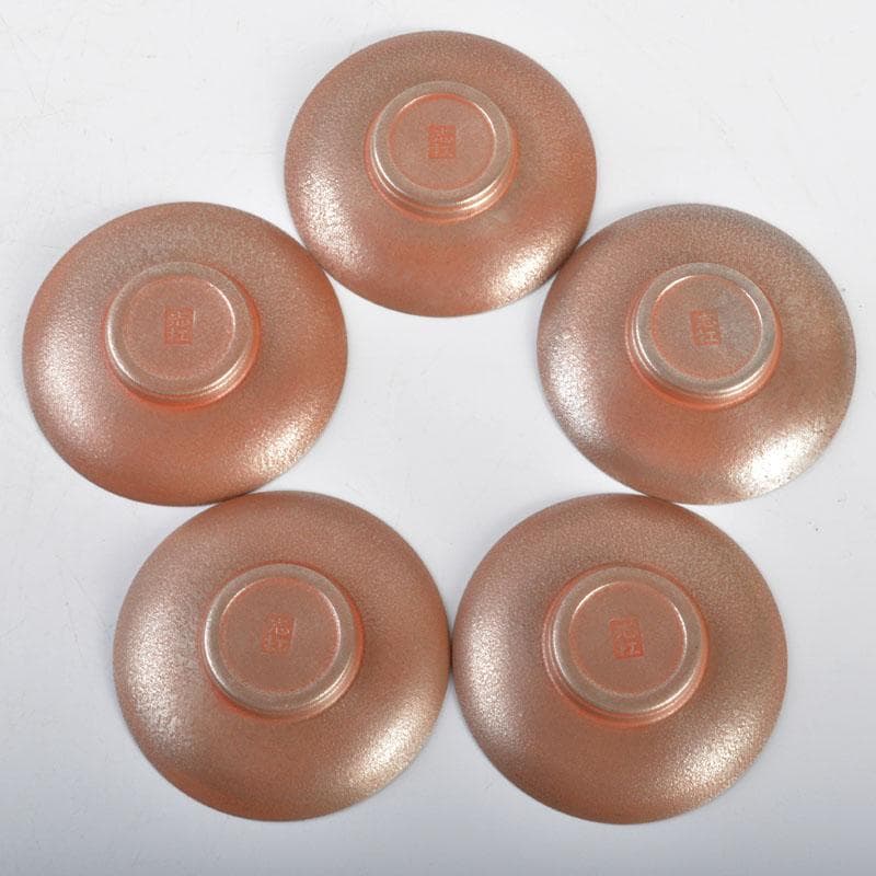 煎茶道具　吉村志扛造　純錫赤漆円式　托子　茶托　五客　共箱　M　R4708