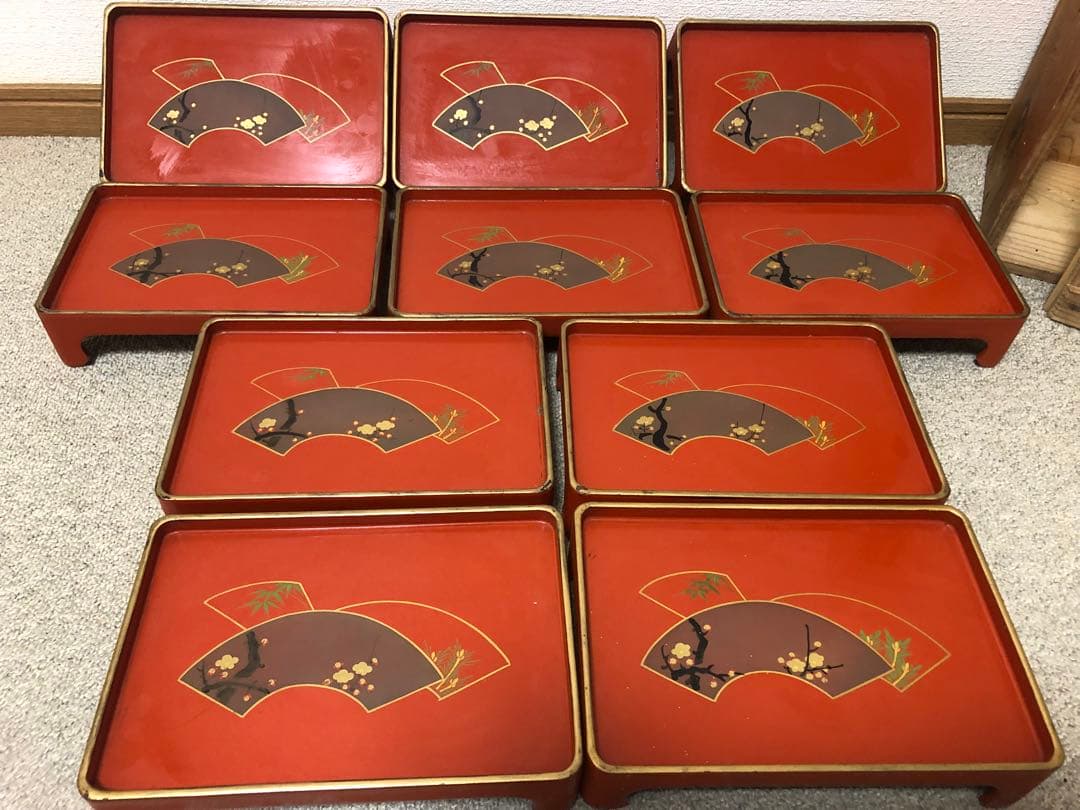 ミニお膳　アンティーク 10膳セット　木製収納箱付き　骨董品